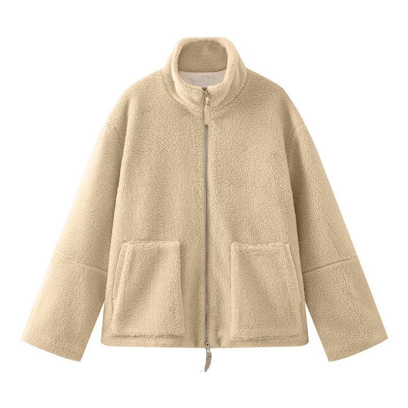 Autumn Winter High Collar Solid Color Lamb Fleece Warm Coat Women Loose Casual Zipper Outwear Cardigan Top