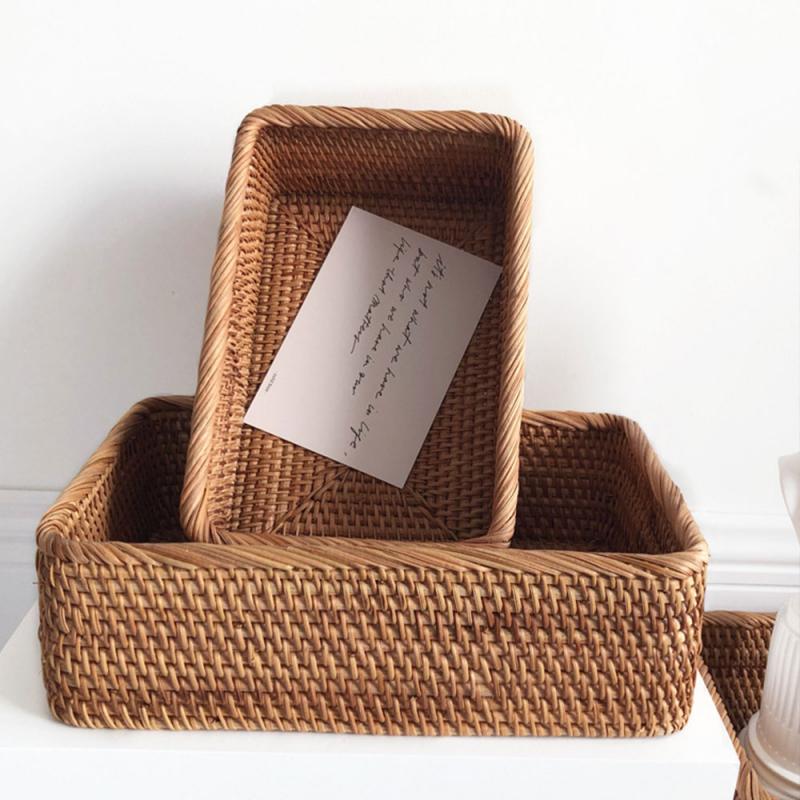 Handwoven Rectangular Rattan Wicker Basket Fruit Tea Snack Bread Picnic Cosmetic Storage Box Kitchen Supplies Household Tools