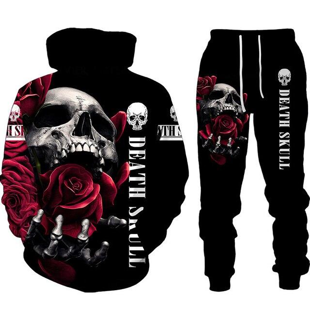 Set de hanorac cu glugă pentru bărbați cu imprimeu 3d punk craniu, haine sportive pentru bărbați, toamnă și iarnă