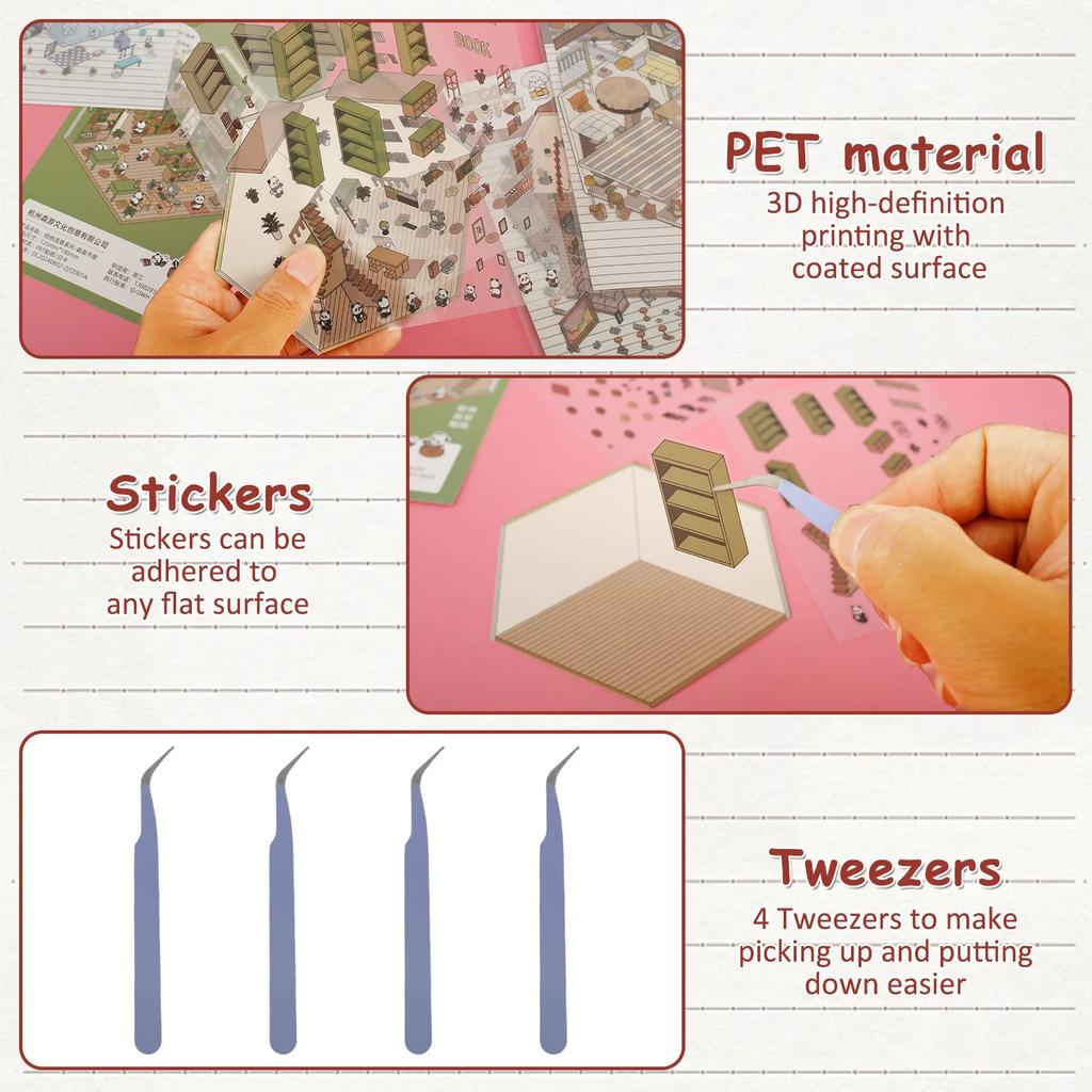 Pegatinas 3D para Casa DIY Lindas Versátiles Pequeña Casa Escena de Casa Pegatinas Reutilizables Pegatinas de Escena de Dibujos Animados Seguras Miniatura 3D