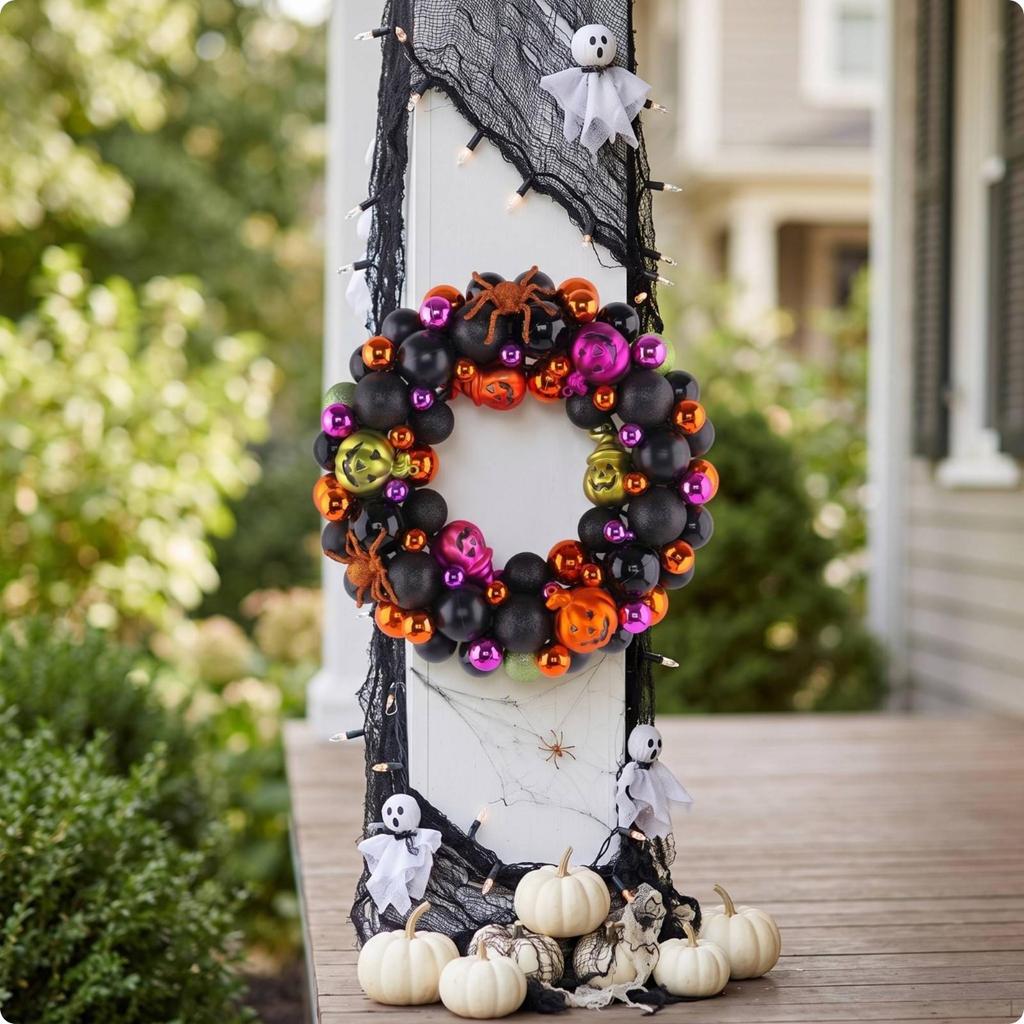 Halloween Wreath Black Bead with Arachnids Spooky Door Hanging for Homeowners, Party Hosts,
