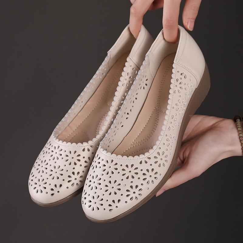 Fashion GKTINOO White Genuine Leather Ladies Breathable Summer Shoes Women Flats Slip-On Loafers Round Toe Soft Flat Shoes Casual