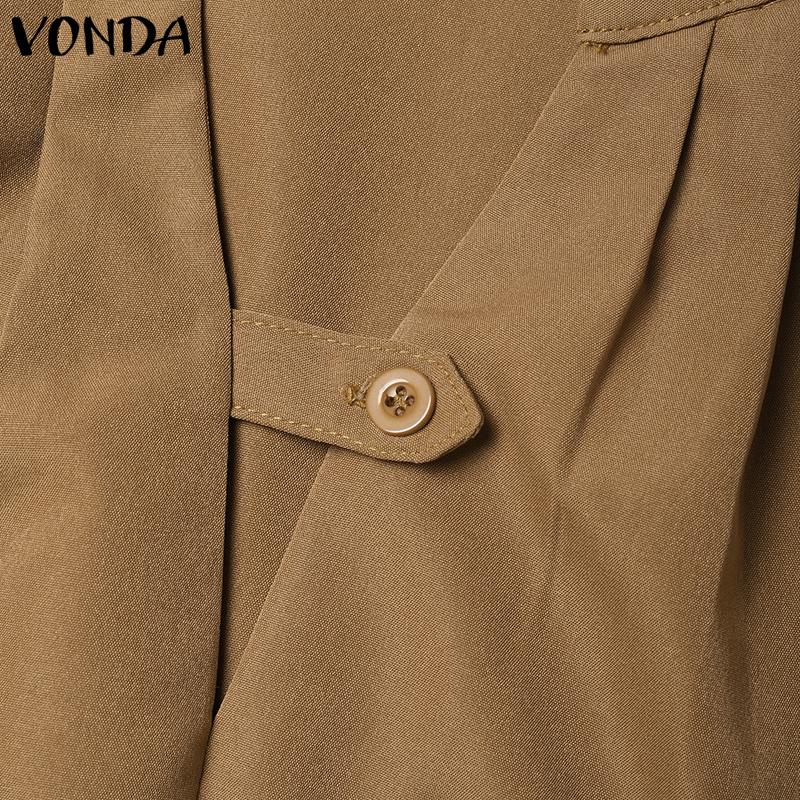 VONDA Women's Summer Standing Collar Bubble Short Sleeve Tie Button Solid Colour Loose Blouse