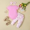 1-18Months Baby Girl Short Sleeved Monogram Jumpsuit With Bow Printed Trousers And Headband Pink Suit