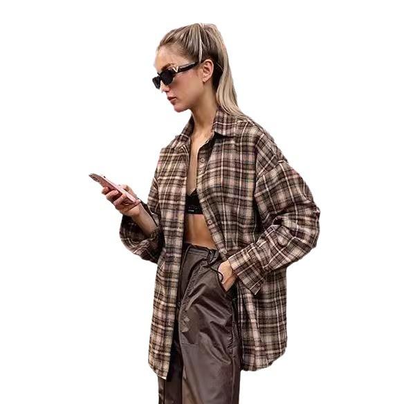 2024 European Retro Plaid Long Women's Shirt