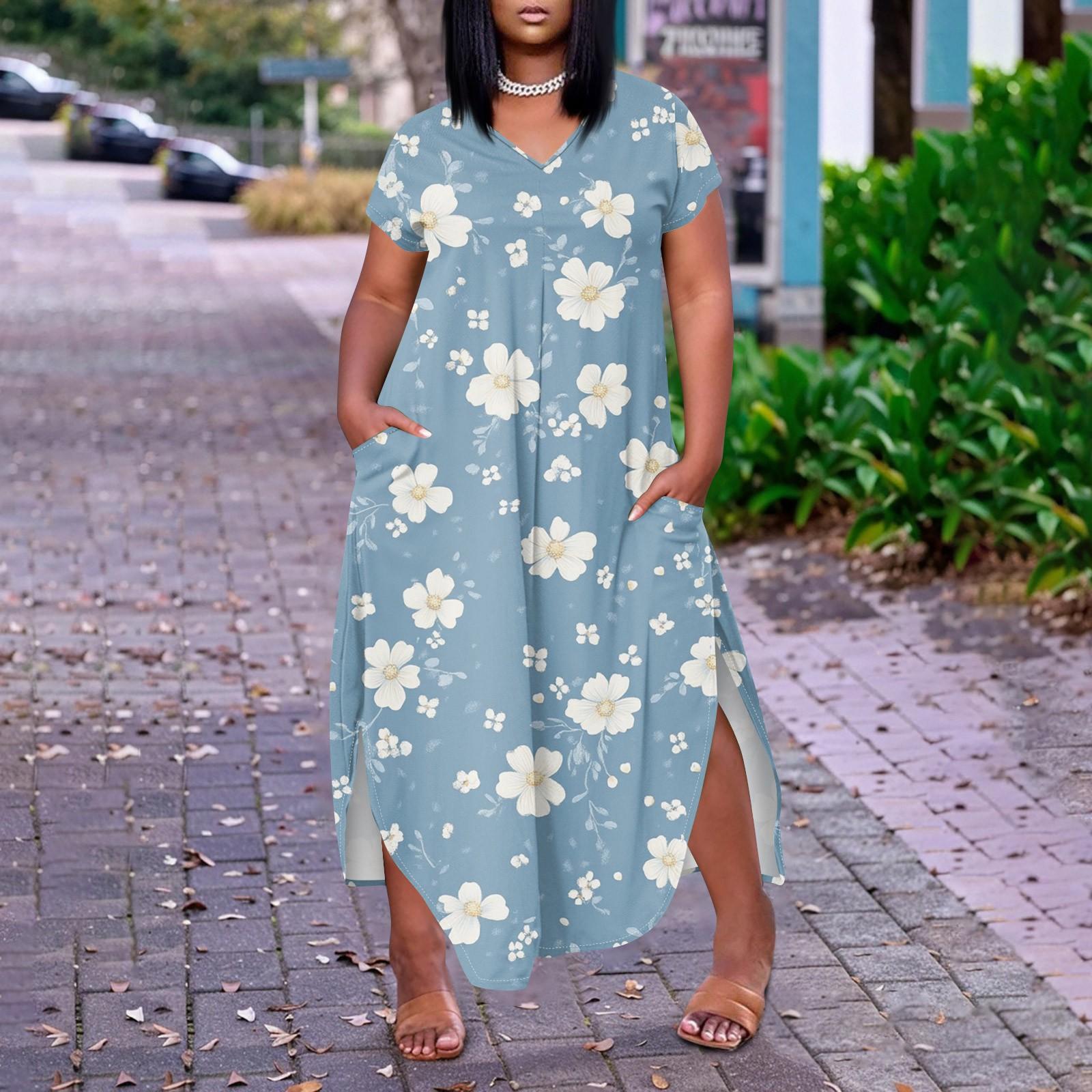 Женское платье макси с цветочным принтом, летнее повседневное платье с коротким рукавом, сарафан с V-образным вырезом, длинные платья с карманами, пляжный отдых L