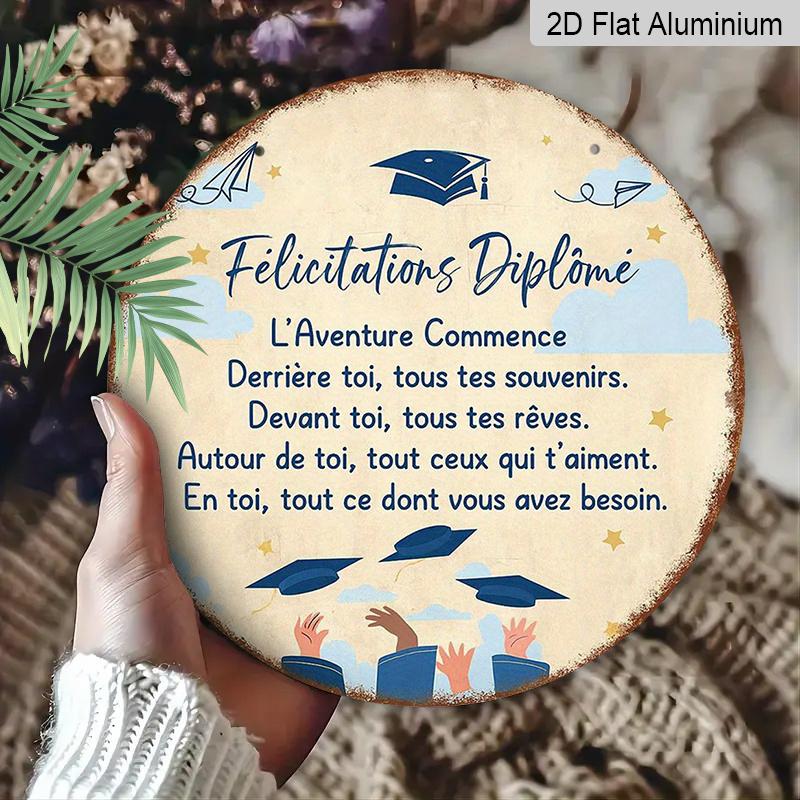 2D Flat, 1pc 2D Flat, 7.87*7.87-Inch Round French Aluminum Sign, Vintage "Congratulations on Graduation" Decorative Plaque for Home, Office, Cafe