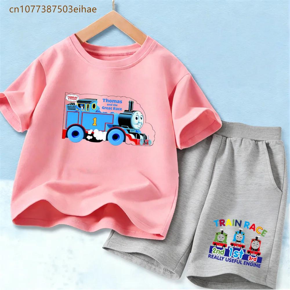 Thomas Train Children's Suit Soft Pure Polyester Tee with Vivid Train Design And Loose Shorts Cool Summer Outdoor Play Wear for Boy