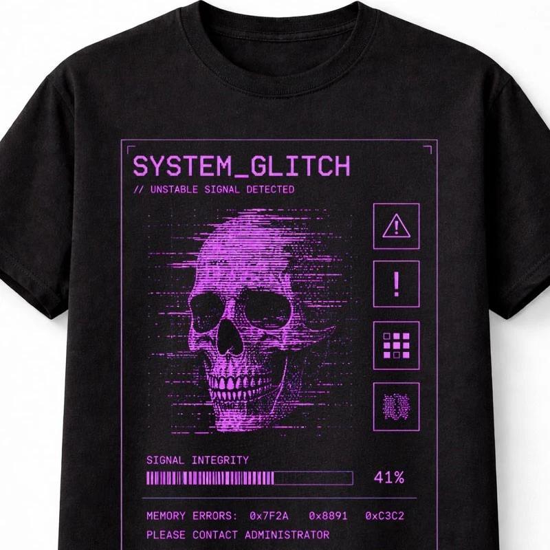 System Glitch Cyber Skull Signal Error Y2K Glitch Unisex TShirt S