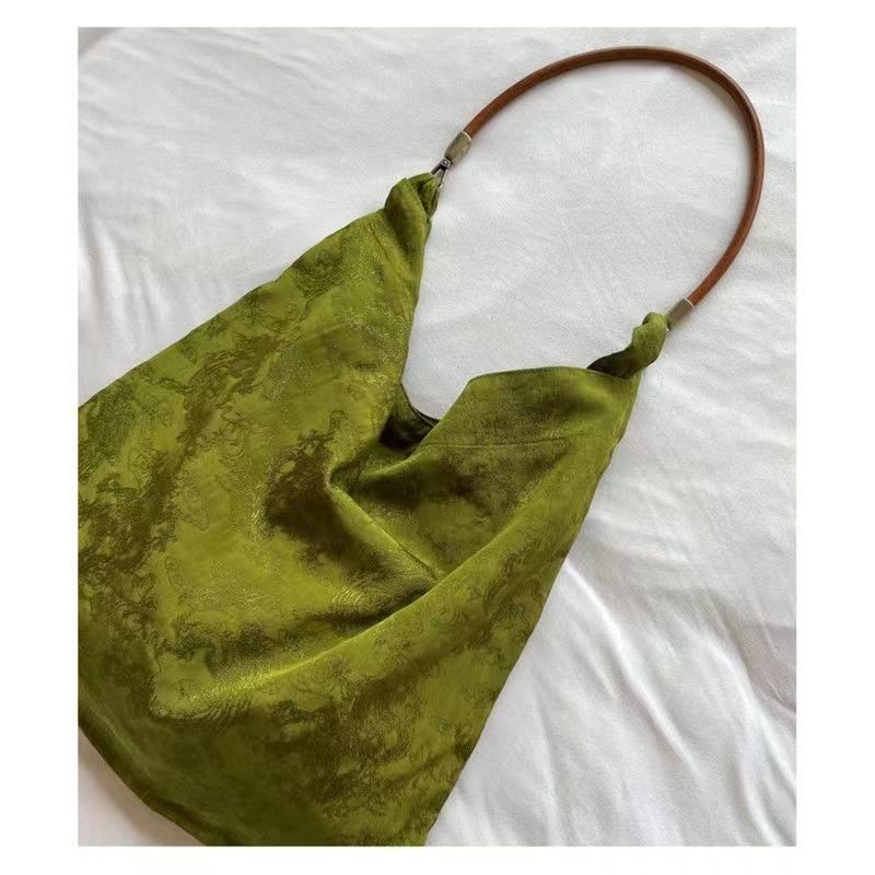 

Summer cloth bag | New Chinese retro jacquard Tencel linen yellow-green cowhide rope adjustment messenger shoulder bag