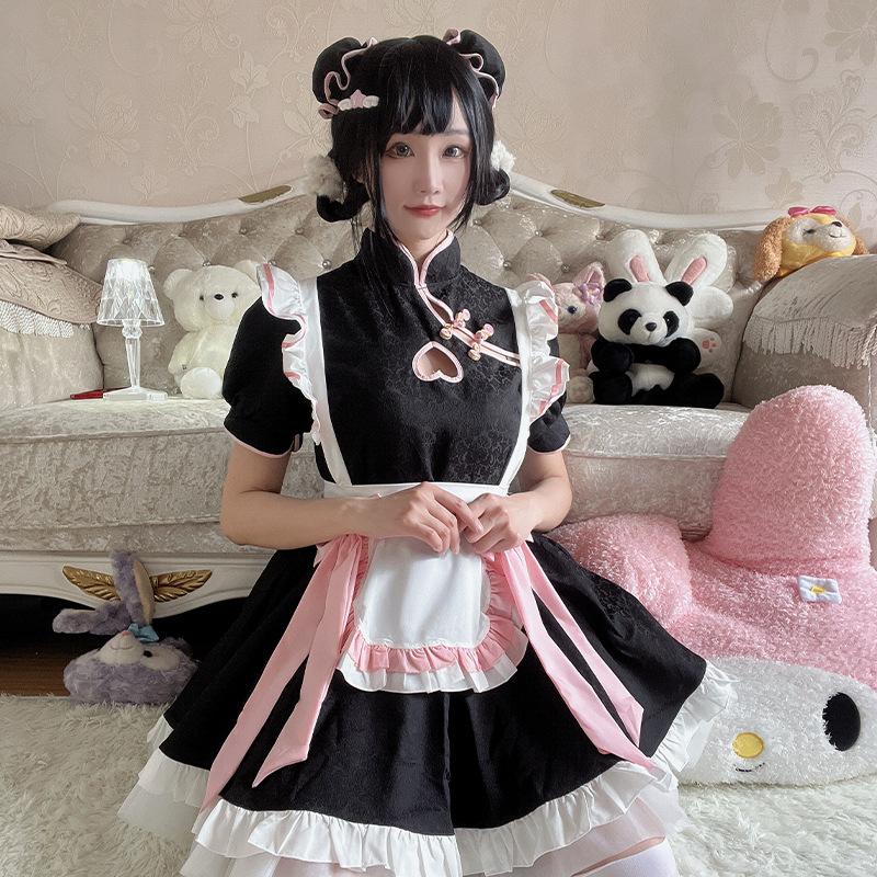 Chinese Style Maid Outfit Cosplay New Chinese Cheongsam Hollow Dress Cute Maid Uniform Set