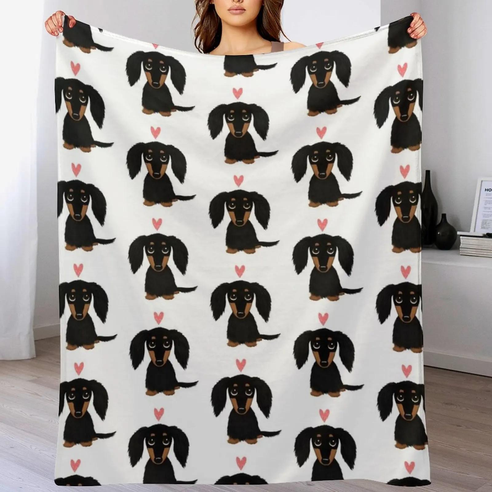 

Black and Tan Longhaired Dachshund Cartoon Dog with Heart Throw Blanket Elegant Warm Throw Blanket for Hotel Home 102x76cm(40x30in)
