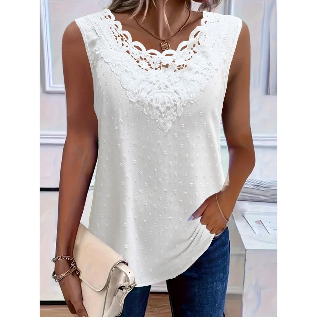 Spring Summer Women's V-neck Sleeveless Lace Trim Tank Top, Casual Fashion Vest Tee for Women, Crossborder Ladies Casual Tops