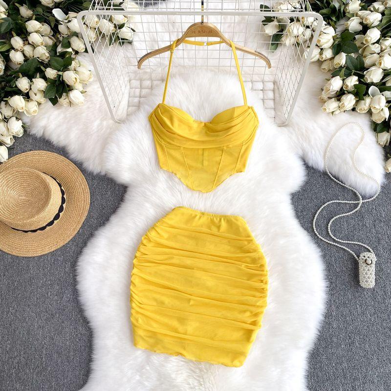 

Fashion Export Suit Women s Small Pure Desire Sexy Sexy Halter Spaghetti Straps Vest + Skinny Mesh Skirt Yellow L