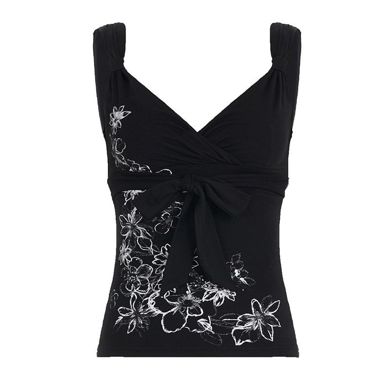 2026 Spring/Summer New Floral Print Bow Tie Black Tank Top Slim Fit Slimming Camisole for Women Black S