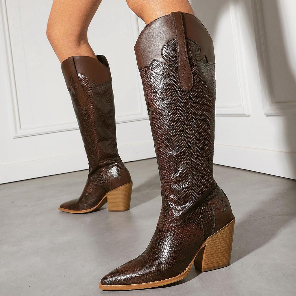 Western Boots Pointed Snake Tall Knight Boots Thick High Heel Boots 40-48 Large Size Boots