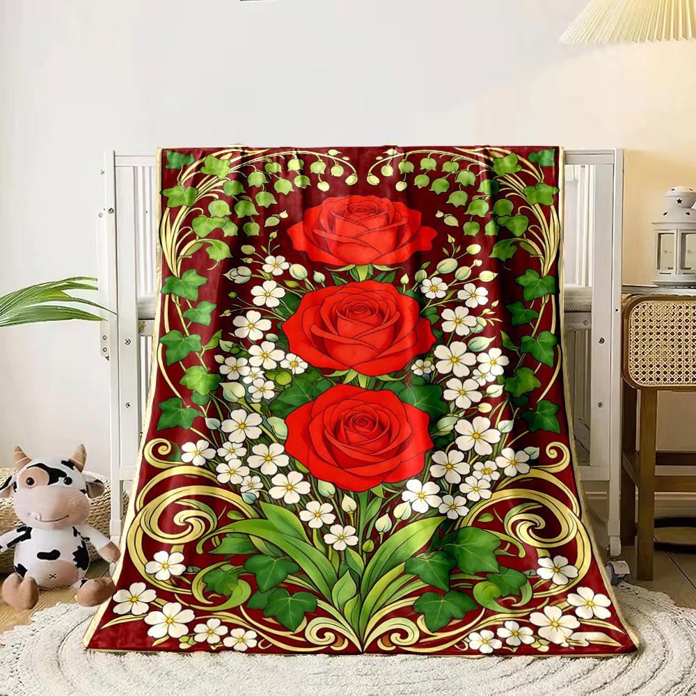 Three red roses surrounded by white flowers, green leaves, and swirls. for all seasons blanket lunch break throw gift 80cm x 120cm