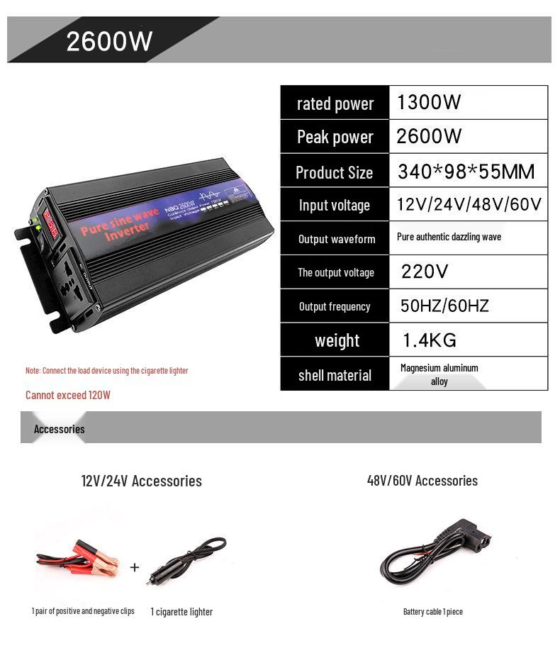 2000W Pure Sine Wave Inverter, 12V/24V/48V/60V to 220V Power Supply