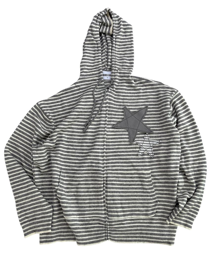SK8ER ROCK Double Stars Stripe Knit Hood Zip-Up ((Gray))