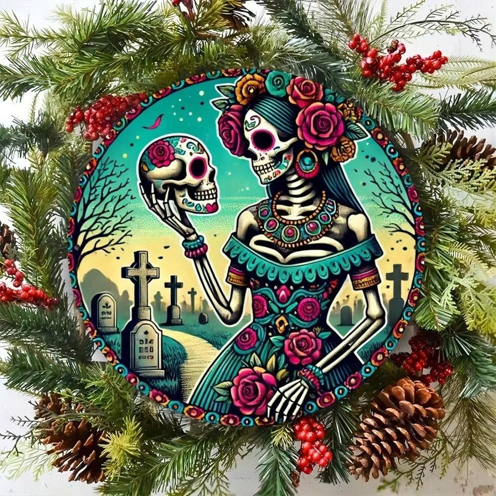 Sugar Skull Metal Wall Decor Round Sign Easy Hang Art Home Kitchen Garden Bedroom