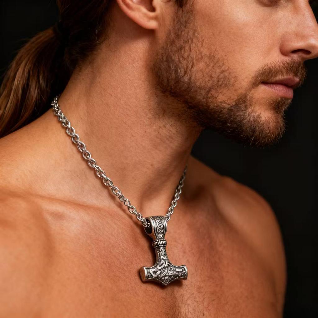 Nordic Odin Viking Mjolnir Stainless Steel Pendant Necklace For Men Vintage Runes Thor Hammer Jewelry Accessories