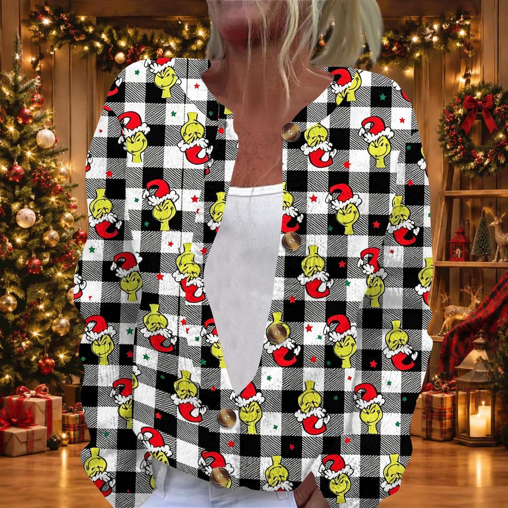 Women's Casual Long Sleeve Knit Cardigan with Button Front and Novelty Print