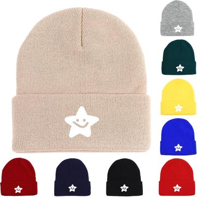 White Smiley Star Warm Knitted Cap Beanie, Skullies Beanies Warm Elastic Headwear Gorro Knit Hat Beanie