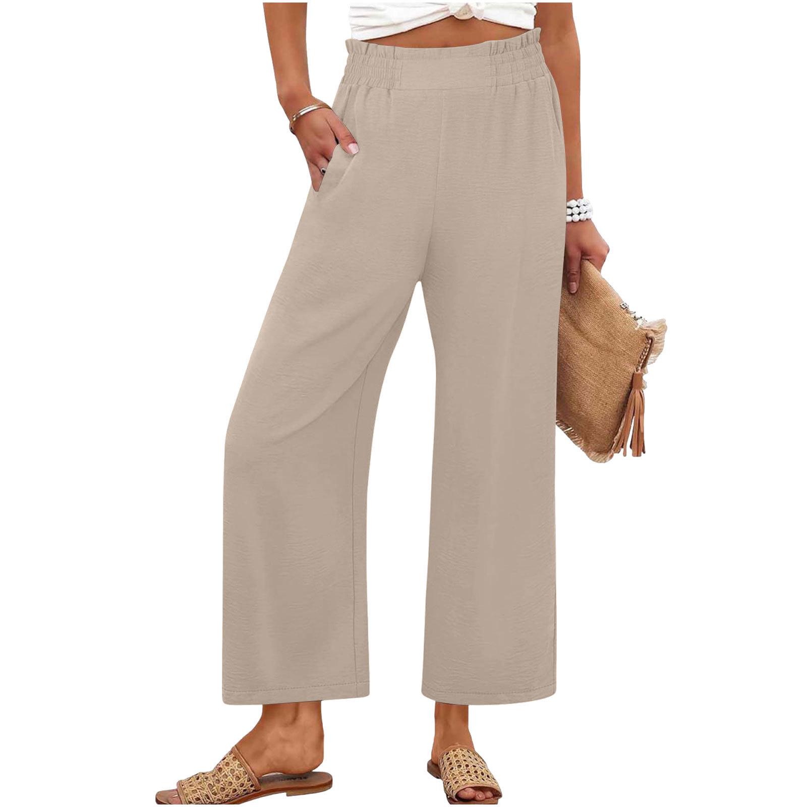 

Women s Loose Straight-Leg Lace Pleated Summer Pants with Pockets M хаки
