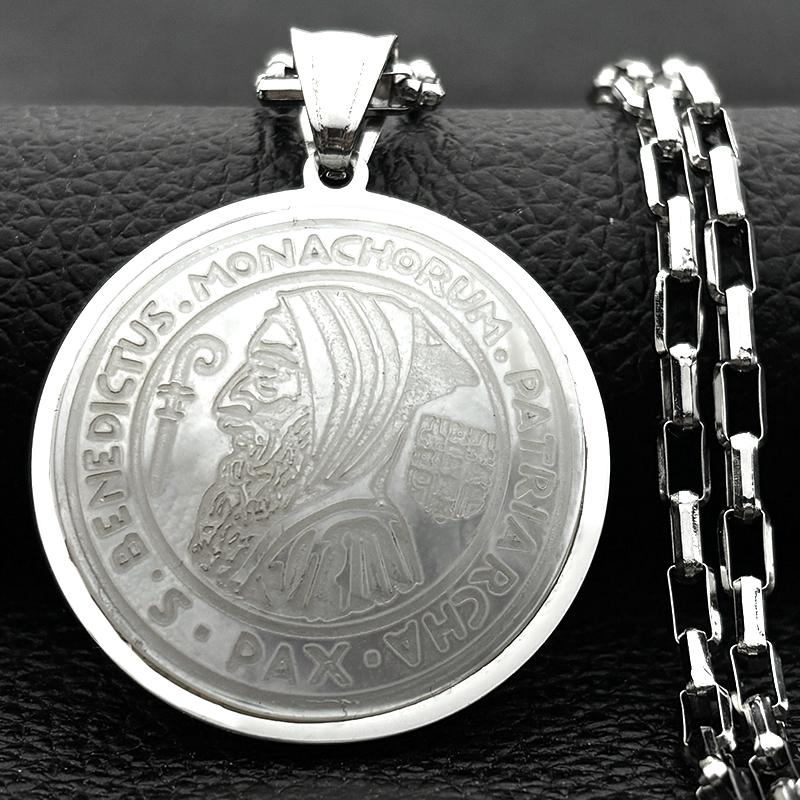 Saint Benedict Pray For Us Pendant Necklace For Women Men Stainless Steel Natural Shell Catholic Male Chain Jewelry Accessory