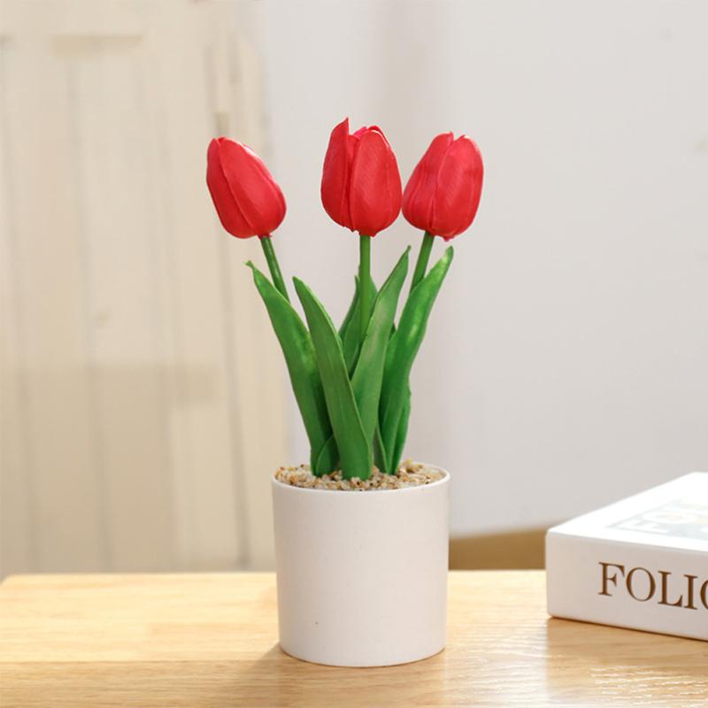 Artificial Tulip Flower Bonsai Ornaments Simulation Fake Potted Bouquet For Home Office Room Desk