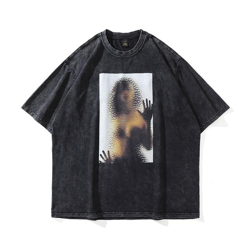 American Vibe Lazy Wind Wash Old Small Neckline Short Sleeve T-Shirt Men'S Casual Street Tide Brand Half Sleeve Tee