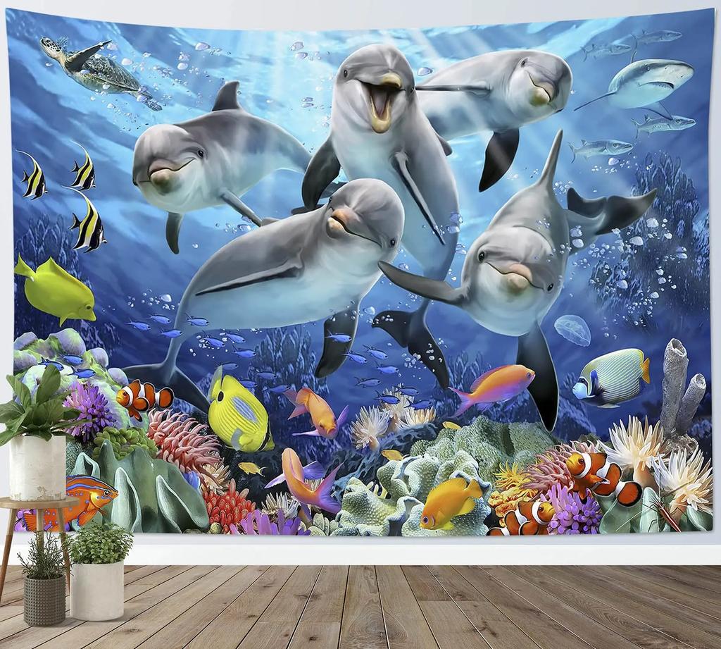 Ozean Delfin Wandteppich Wandbehang Lustiger Meeresleben Wandteppich Wandbehang Schlafzimmer Wale Delfin Wandteppich Wohnzimmer Dekor