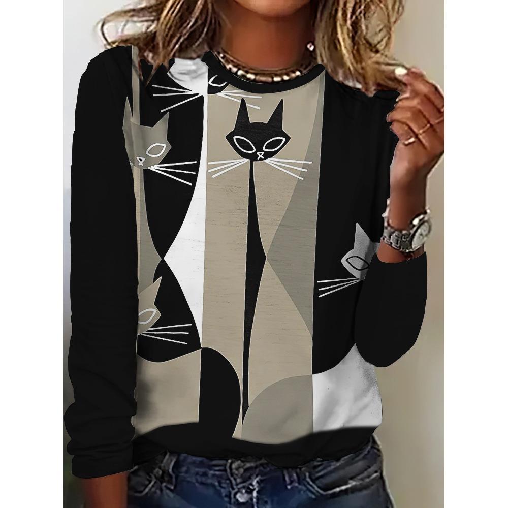 Women's T-Shirt Casual Long Sleeve Animal Pattern Print Street Crew Neck Female Oversized Clothing
