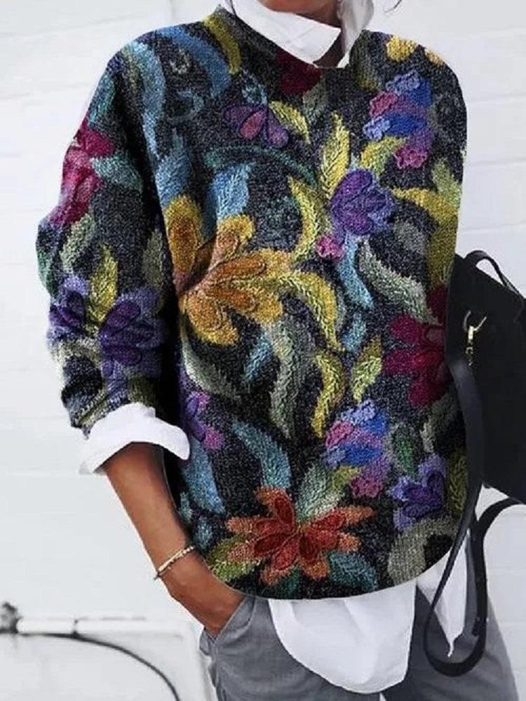 Women s Crew Neck Long Sleeve Top Loose Paisley Floral Print Fleece Casual Pullover Shirt S