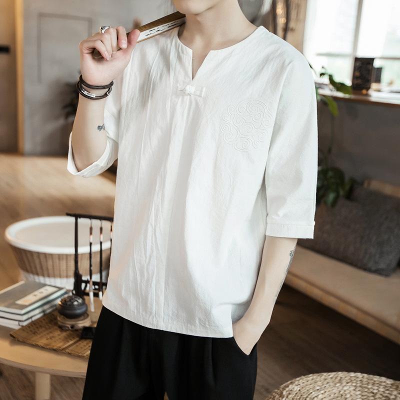 Футболка с короткими рукавами из хлопка и льна в китайском стиле мужская с короткими рукавами летняя в стиле ретро с пряжкой-диском свободная мужская XXXXXL белый 1689₽