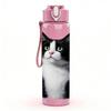1PC Short Hair Black White Cat Print 750ml Color Plastic Sports Water Bottle Leakproof Flip Straw Lid Suitable for Sports Office Home Use