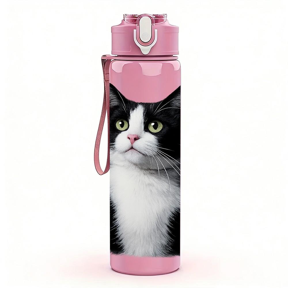 1PC Short Hair Black White Cat Print 750ml Color Plastic Sports Water Bottle Leakproof Flip Straw Lid Suitable for Sports Office Home Use