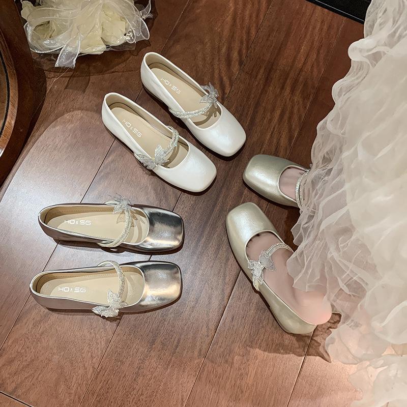 Square head Mary Jane shoes women's 2025 autumn new French butterfly rhinestone pedal with skirt princess shoes single shoes