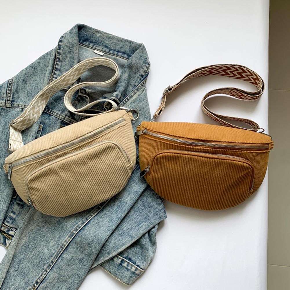 Corduroy Chest Bag Fashion Fanny Pack Wide Guitar Strap Stylish Crossbody Bag Multi-pockets Casual Waist Bag Casual Sports Bag