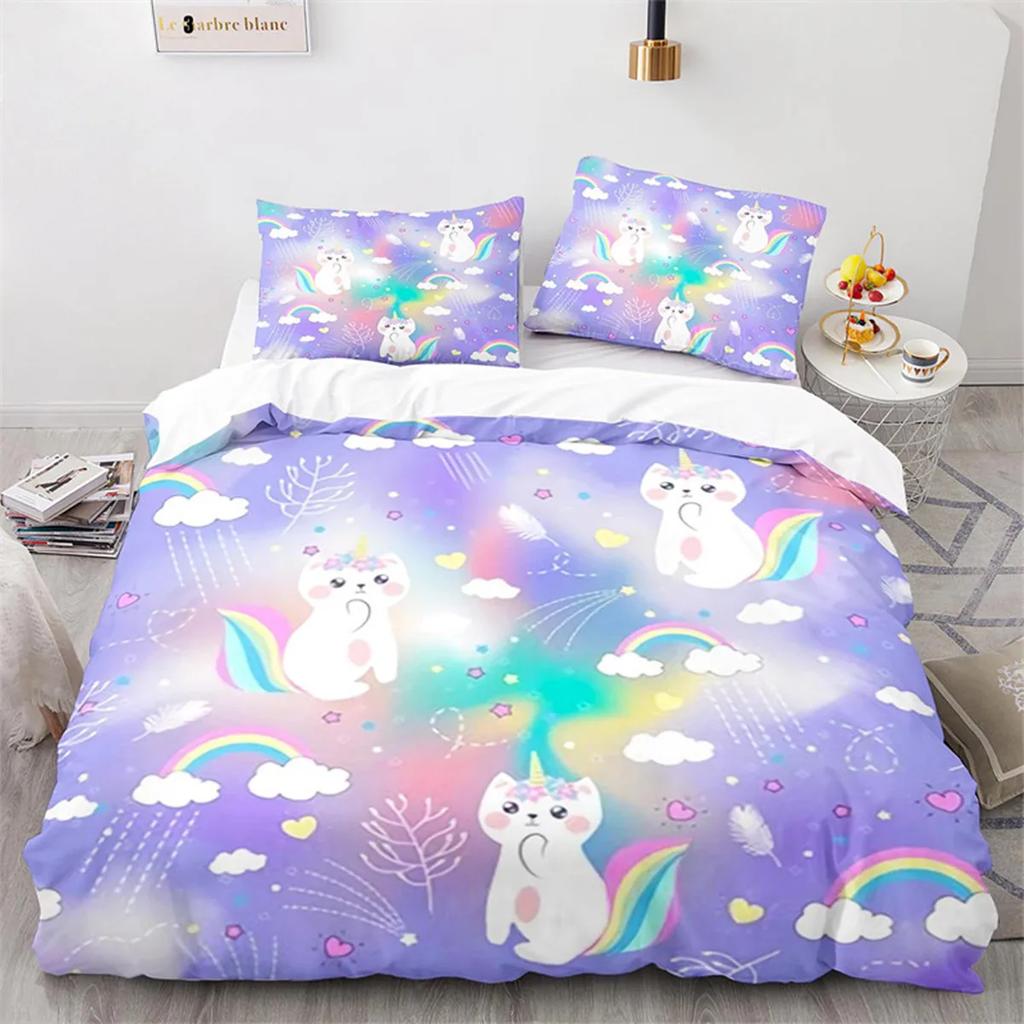 Kids Unicorn Duvet Cover Cartoon Magical Animal Microfiber Cute Rainbow Cat For Children Girls Teen Gifts For Bedroom Decoration