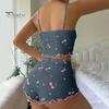 2 Teile/satz Damen Weste Shorts Anzug Schleife Kirsche Print U-Ausschnitt Ärmelloses Top Hohe Taille Kurze Hose Homewear Loungewear Outfit Sommer Nachtwäsche