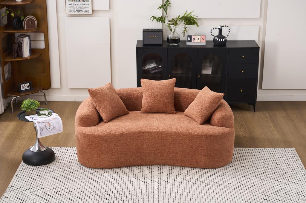 Modular, Curved Two-seater Sofa, Contemporary Style, Including Three Decorative Cushions, Ideal for Small Apartments, No Assembly Required, Coral Pink