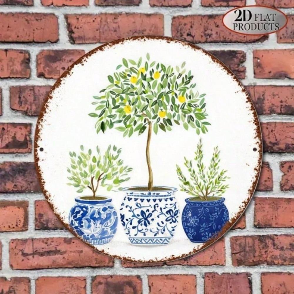 Round Metal Lemon Tree Wall Art Mediterranean Kitchen Balcony Decor 20x20cm