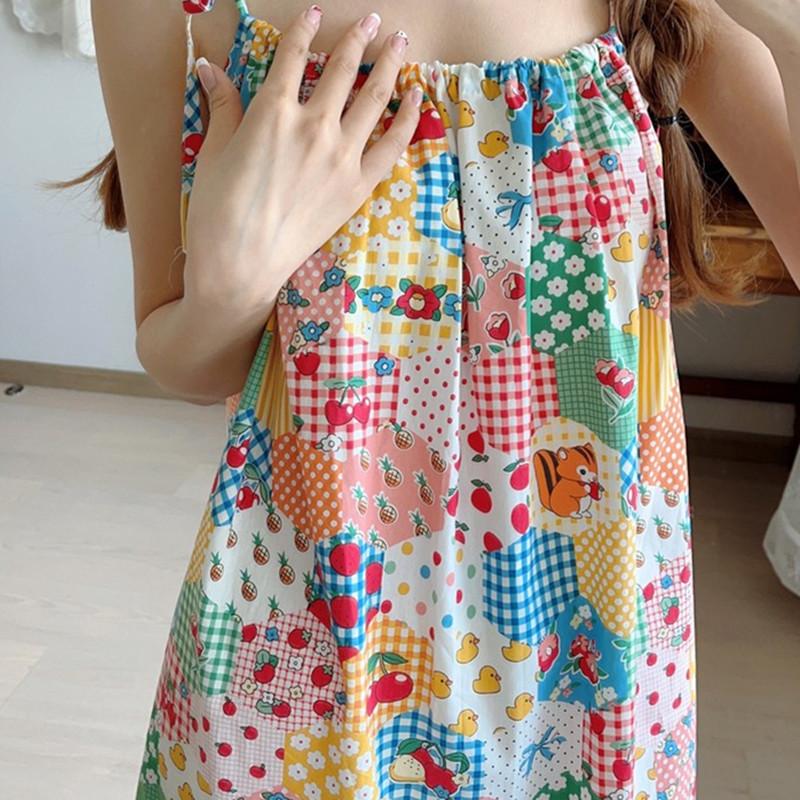 Summer Lace Lace Sweet Age-reducing Printing Suspender Dress Women's New Splicing Loose Medium and Long Dress