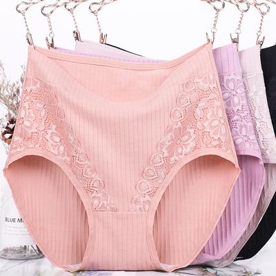 Gerippte Unterwäsche für Damen in Übergröße aus reiner Baumwolle mit Spitze, hochgeschnittene Slips, Unterhosen für Mütter mittleren Alters, Plus Size, Mm-Dreiecksslips