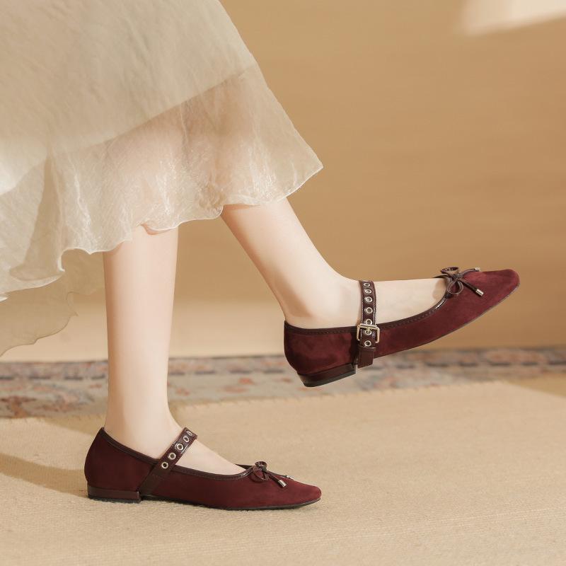 22307 Flat Shoes Women's Thick Heel New Square Head Word with Mary Jane Shoes French Suede Bow Single Shoes
