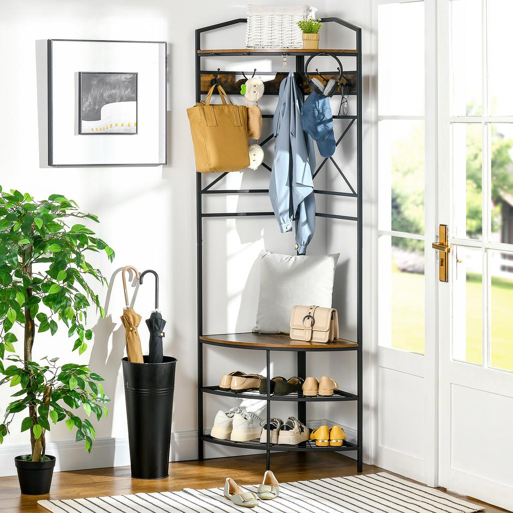 Corner Floor Coat Rack with Bench and Shoe Rack In Industrial Style, 50x50x183cm, Brown