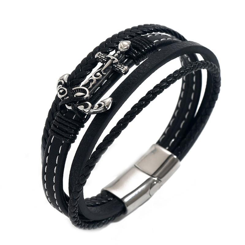 Personalized Fashion Retro Leather Stainless Steel Bracelet Multi Layer Braided Rope Black Series Men's