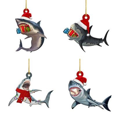 4Pcs Merry Christmas Wooden Pendant Christmas Tree Shark Pendant for Christmas Party Window Table