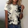 2025 New Summer Temperament Women's Floral Blue Printed Women's T-shirt Round Neck Short Sleeve Street Casual Daily Basic Tops